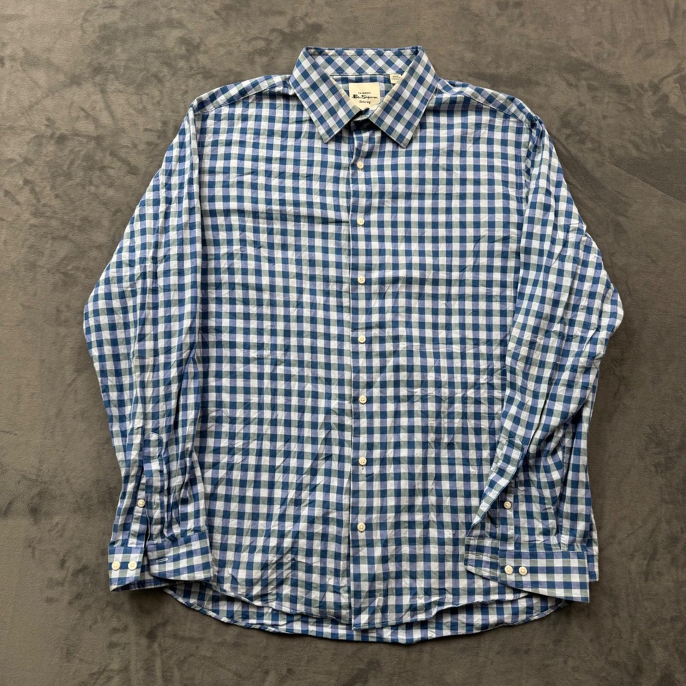 Ben Sherman Tailoring Mens Blue Gingham Stretch Slim Fit Button Down Shirt 17.5